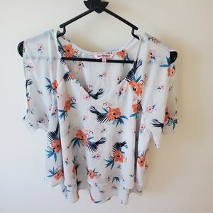 Juicy Couture sheer floral print off the shoulder blouse. Size large.